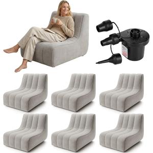 6 Pcs Inflatable Chairs for Adults, Blow up Couch with Electric Air Pump, Inflatable Chairs for Movie Night Flocking Portable Blow up Furniture Beanbag Sofa for Living Room Party (Light Grey)