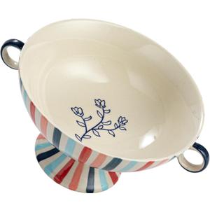 Creative Co-Op Hand-Painted Stoneware Footed Bowl with Handles and Stripes, Multicolor