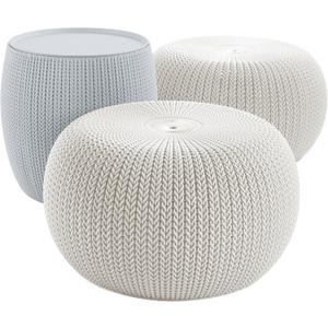 Keter Urban Knit Pouf Ottoman Set of 2 with Storage Table for Patio and Room Dcor - Perfect for Balcony, Deck, and Outdoor Seating, Grey & White, 22.30 x 22.30 x 25.00 Inches
