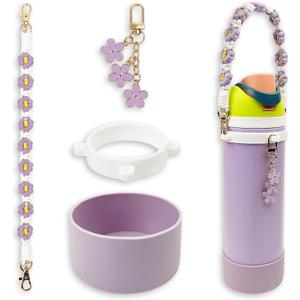 Silicone Boot Set for Owala Water Bottle 24 oz, 32 oz, 40 oz - Includes Anti-Slip Sleeve & Water Bottle Handle Strap, Perfect Owala Accessories, Fits Owala Tumbler, Owala FreeSip, Owala Candy Coated (Purple)