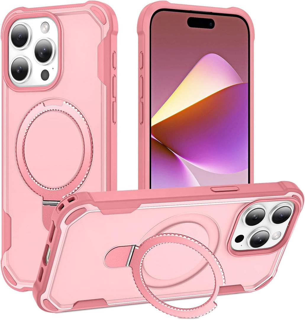Compatible with iPhone 15 Pro Case with Invisible Magnetic Kickstand [Compatible with MagSafe] [10-FT Military Drop Protection] Slim Hard Back Soft Edge Phone Cover 6.1 Inch, Pink