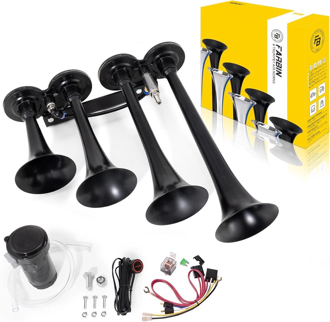 FARBIN 12V/24V Air Horn - 150DB 4 Trumpet Horns Super Loud with Electric Solenoid - Chrome Universal Horn for Truck, Car, Jeep, SUV, Train, Boat