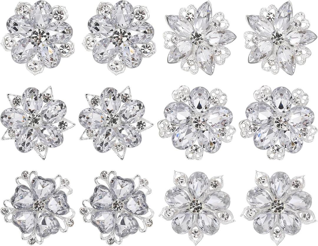 12 Pcs Rhinestone Brooch, Silver Brooch Pins, Assorted Crystal Brooch Pin Small Flower Brooches Pins decorative Brooch Pins for Crafts Flower Lapel Badge Pins for Women DIY Bridal Wedding Bouquet Kit