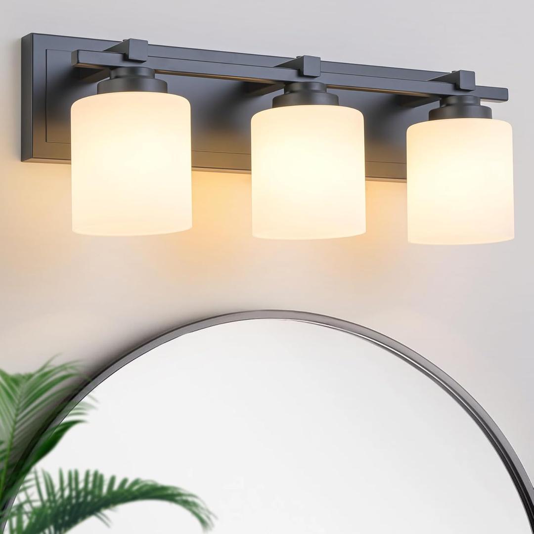 3 Light Modern Bathroom Light Fixtures Over Mirror, Black Vanity Lights for Bathroom Wall Sconces with Milky White Glass Shades, E26 Socket (Bulbs Not Included)