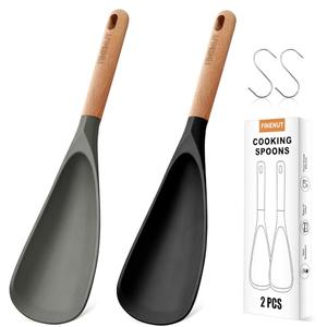 FINENUT 2-Pack Silicone Cooking Spoons with Wood Handle & S-Hooks - Heat Resistant 446°F Spoonula for Nonstick Cookware - BPA Free Multifunction Spatula Spoon for Mixing, Scooping&Serving (Black&Gray)