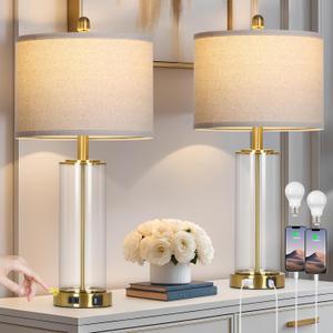 26" Glod Glass Table Lamps Set of 2, 3-Way Dimmable Touch Control Living Room Lamp with USB C+A Ports & AC Outlet, Modern Bedside Lamps, Elegant Bedroom Lamps for Nightstand Side End Table Desk (Gold)