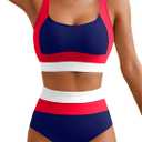 Herseas Women 2 Piece High Waisted Bikini Sets Colorblock Sporty Swimsuits Wide Straps Bathing Suit 2026 Summer Swimwear, Blue/Coral/White, Size L