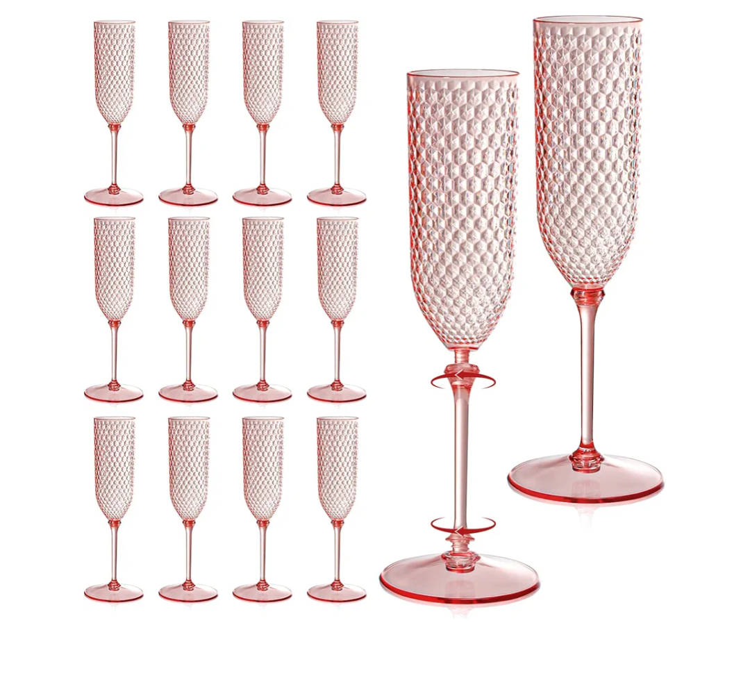 24 Pack Pink Detachable 2 piece Champagne Flutes 5.5 Oz Unbreakable Plastic Mimosa Disposable Champagne Glasses Drinking Cups Stemmed Reusable Wine Toasting Glasses for Wedding (24, Clear Pink)