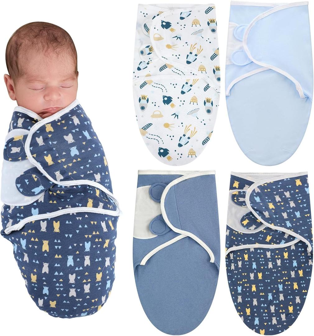 Newwiee 4 Pcs Preemie Baby Swaddle Wrap Adjustable Cotton Preemie Swaddle Blanket for Newborn Boys Girls(Bear Style,Fit for Preemies)