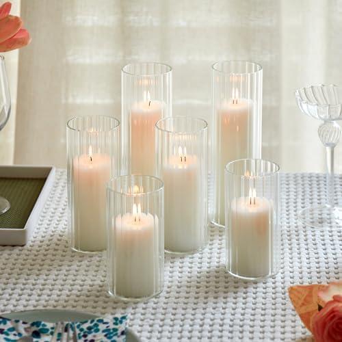 Set of 6 White Pillar Candles with 5 Glass Cylinder Vases Clear Hurricane Glass Candle Holders for Centerpieces Ideal for Weddings Parties and Decor
