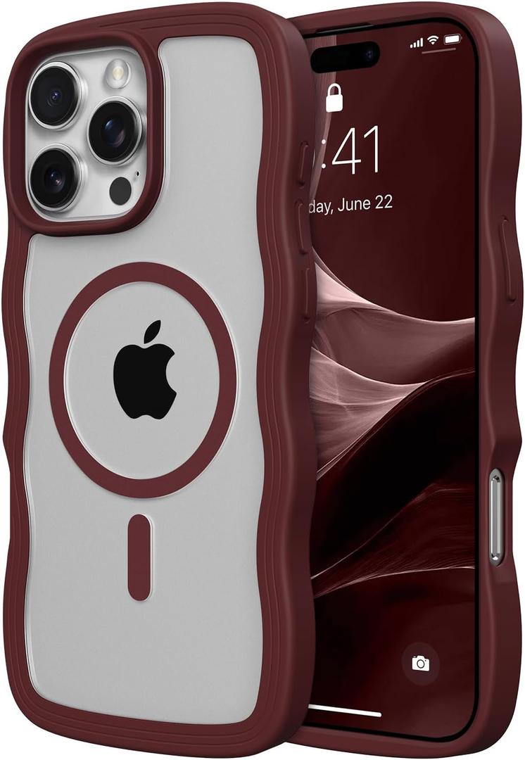 ZTOFERA for iPhone 16 Pro Max Phone Case Compatible with MagSafe, Curly Wave Frame & Clear Hard Back, Soft Silicone Bumper Shockproof Protective Magnetic Phone Cover-Clear Back & Wine Red