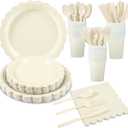 175 Pcs Ivory Paper Plates and Napkins, Beige Party Supplies Include Scalloped Cream Plates Napkin Cup Plastic Cutlery for Wedding, Bridal&Baby Shower, Birthday
