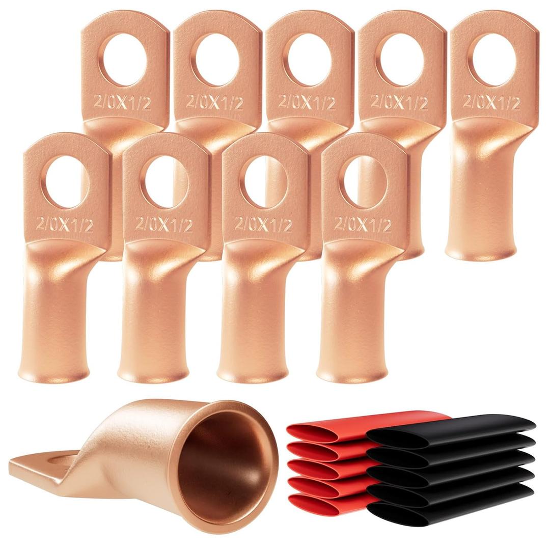 10pcs 2/0 Awg - 1/2" (M12) Sanuke Wire Lugs Ring Terminal Connectors Ends Heavy Duty for Battery Cable Lug Wire Electrical Eyelets with 3:1 Dual Wall Adhesive Heat Shrink (Bare Copper)