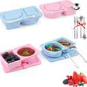 KITHELP Reusable Snack Containers with Lids, 2 Compartment Silicone Snack Prep Containers with Spoons and Forks, Double Compartment Condiment Box Salad Sauc for Portion Control, Travel4 pack