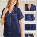 Silk Pajamas for Women Short Sleeve Sleepwear Soft Button Down Loungewear 2 Piece Satin Pjs Shorts Set (Blue, M)