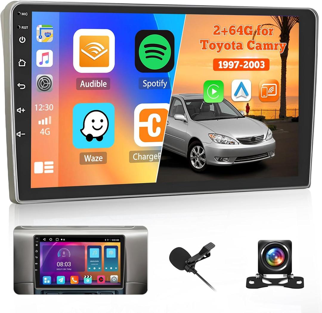 for Toyota Camry 1997-20032+64GB Wireless Carplay Android 13 Carplay Radio with Android Auto, 9 inch IPS Touch Screen Stereo WiFi/Bluetooth/GPS/SWC/Mic/Backup Camera