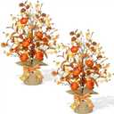 2 Pack & Timer - Lighted Fall Tree Tabletop Fall Thanksgiving Decor with 30 LED Battery Operated Artificial Eucalyptus Tree Pumpkins Floral Berry Burlap Base Fall Thanksgiving Decorations Home Indoor