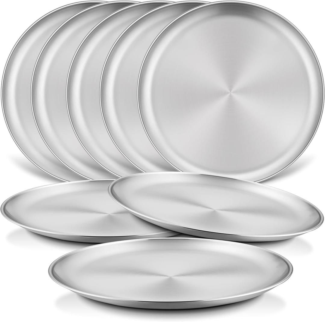 HaWare 8-Piece 18/8 Stainless Steel Kids Plates, 8 Inches Metal Dinner Plates for Toddler Children, Round Serving Plates for Feeding Camping, Non-Toxic Dishes, Shatterproof & Reusable, Dishwasher Safe (Silver)