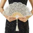BABEYOND Lace Hand Fan Non-Foldable Vintage Bridal Handheld Fans with Rhinestone and Embroidered for Wedding Decoration Dancing Party (E-white)