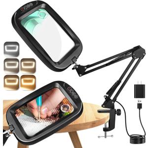 10X 30X Extra Large Magnifying Glass with Light and Clamp, Rectangle Hands Free Magnifier with 5 Color Modes, Adjustable LED Lighted Magnifying Desk Lamp for Reading Close Work Craft Painting (Black)