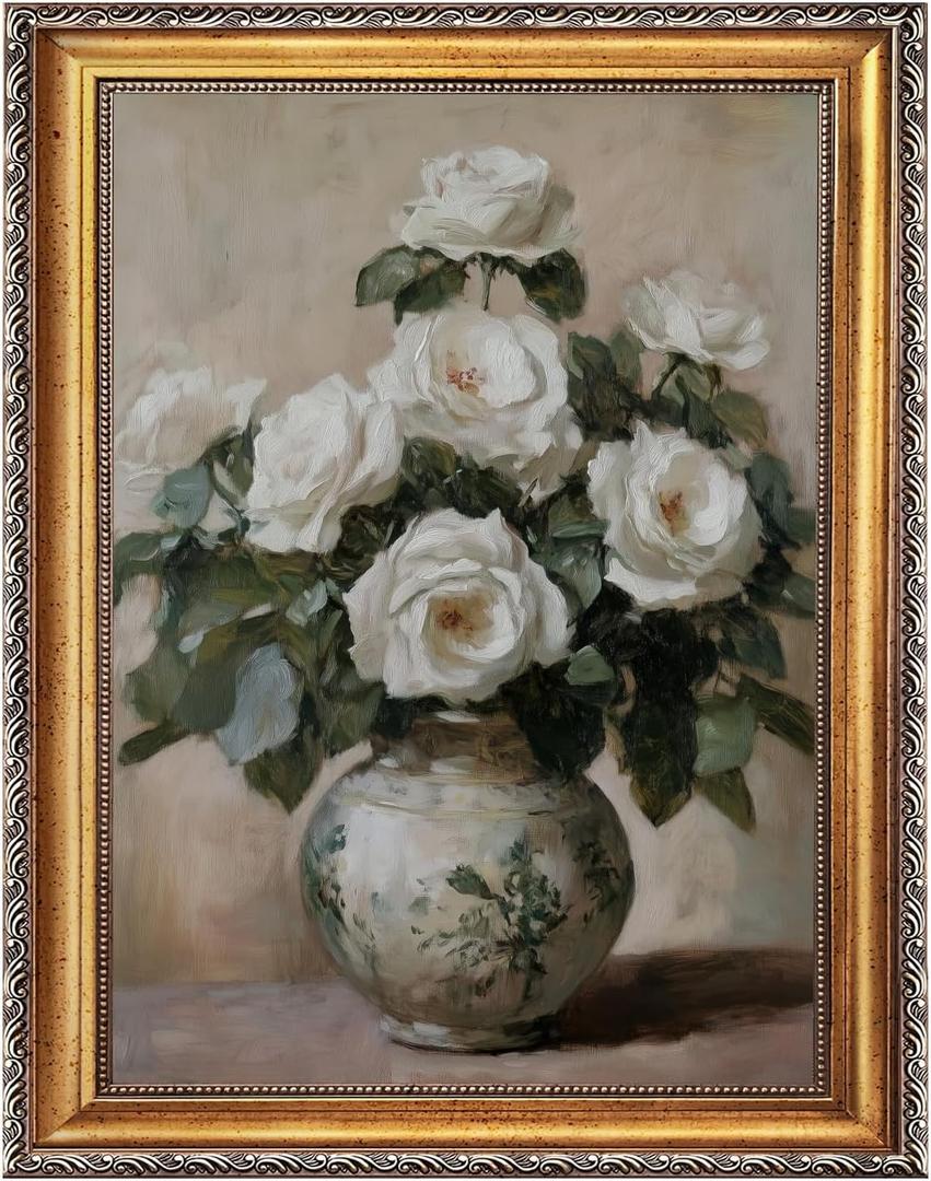 Vintage White Rose Wall Art Framed Canvas Poster Print Antique Floral Still Life Painting Romantic Botanical Bouquet Picture Neutral Flower Artwork Country Cottage Decor for Living Room Home 16x24inch