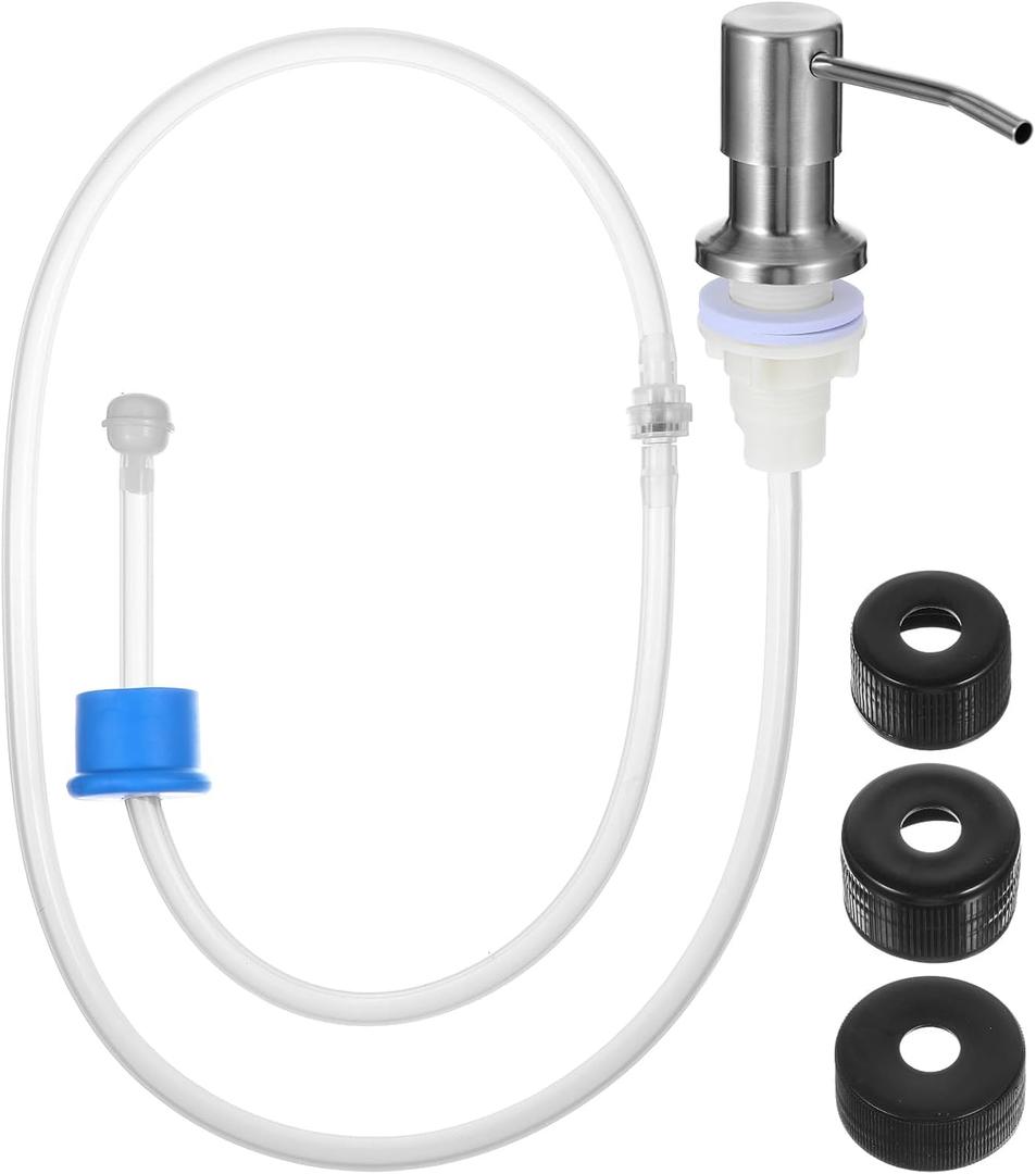 Yolev Kitchen Sink Soap Dispenser Pump Kit Stainless Steel Sink Soap Dispenser Extension Tube Kit with 47" Extension Tube Three Lids for Kitchen Sink Most Soap Bottles No Need to Refill