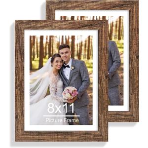 Hongkee 8x11 Picture Frame Set of 2, Made of Real Glass and Rustic Brown Wooden Frame - 8 by 11 Photo for Wall or Tabletop Display
