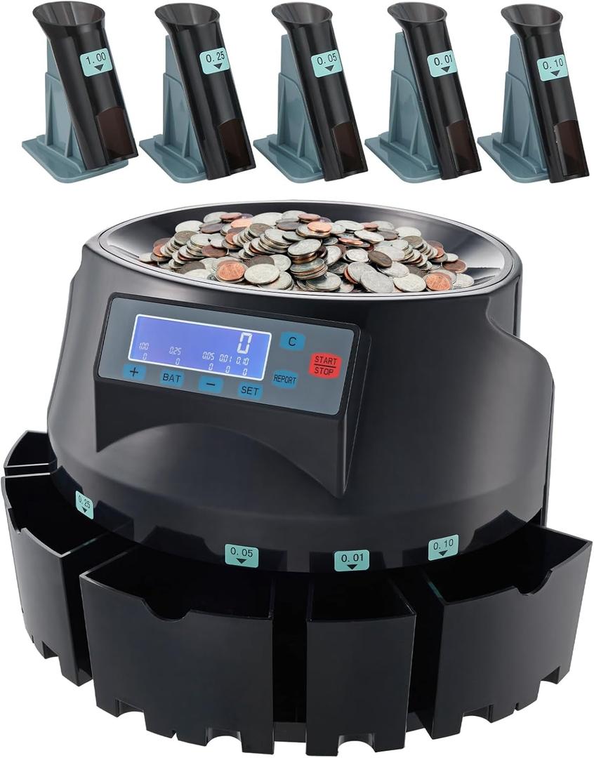 VEVOR USD Coin Counter & Coin Sorters with LCD Display, Coin Sorter Machine for USD Coin 1 5 10 25 $1, Sorts up to 300 Coins/min, Change Counter Holds 2000 Coins Included 5 Coin Bins & 5 Tubes
