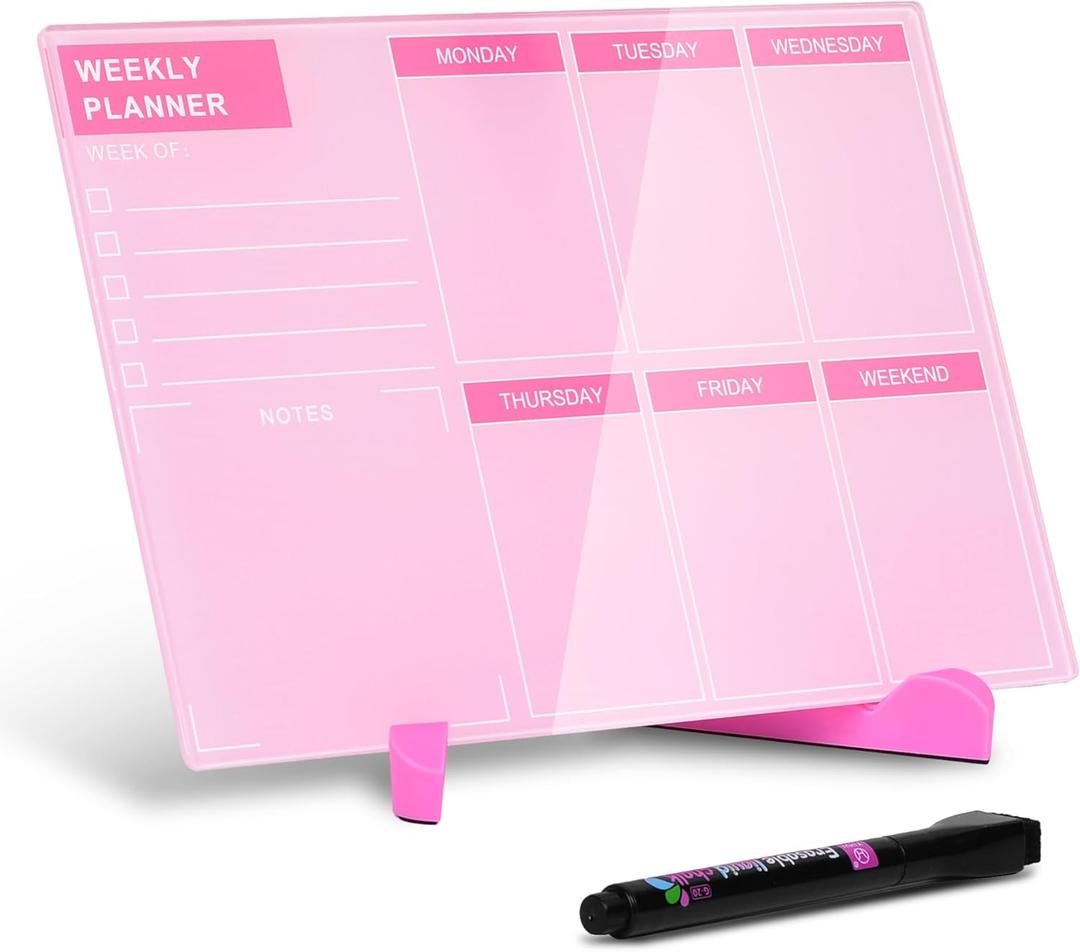Desktop Acrylic Dry Erase Board, Weekly White Board with to Do List, 9.5"x6.7" Tabletop Whiteboard with Stand, Frameless Dry Erase Pink White Board, for Office, Home, School(Desktop-PK-1724)