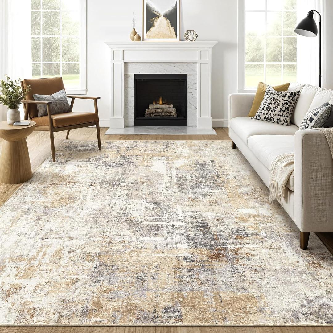 8x10 Area Rugs Living Room: Washable Large Abstract Neutral Modern Soft Rug Stain Resistant Indoor Floor Non-Slip Accent Carpet for Bedroom Nursery Playroom Dining Room Office Dorm Home- Grey Gold