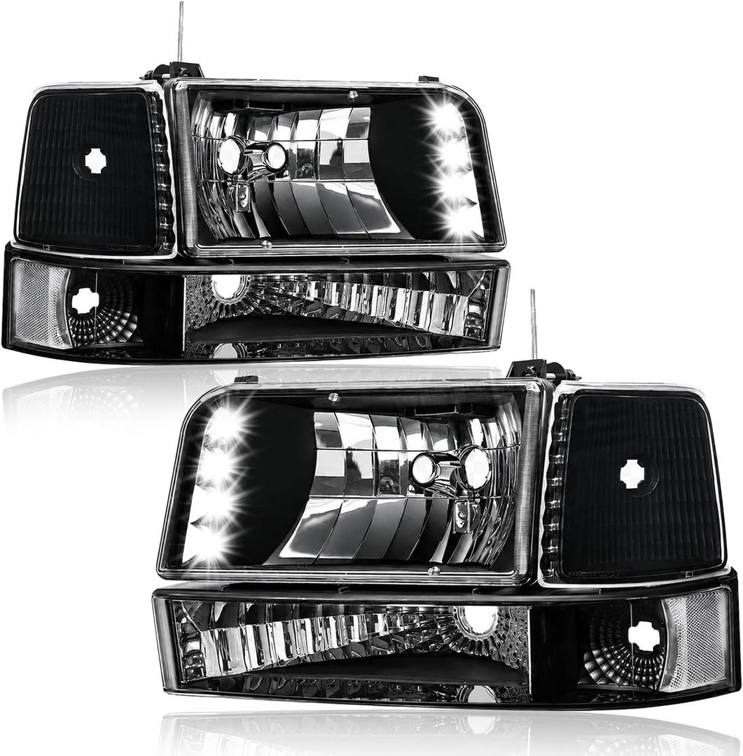 Pair Headlights for 1992-1996 Ford F150 F250 F350 Bronco Replacements w/LED Running Light Bar Clear Reflector Black Housing