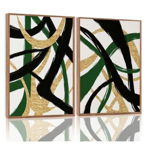 Yolbcdr Framed Wall Art Abstract Canvas Wall Art Set of 2 Black Gold and Green Decor Pictures Modern Print Artwork for Bedroom Living Room Office 16x24 inch Framed