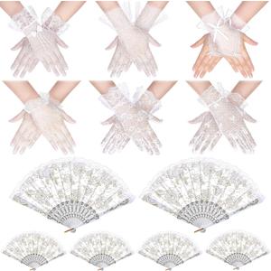 Shyyween 6 Pairs Tea Party Lace Gloves with 6 Pcs Rose Hand Fans for Women Elegant White Lace Gloves for Vintage Ladies Tea Party Wedding Accessories