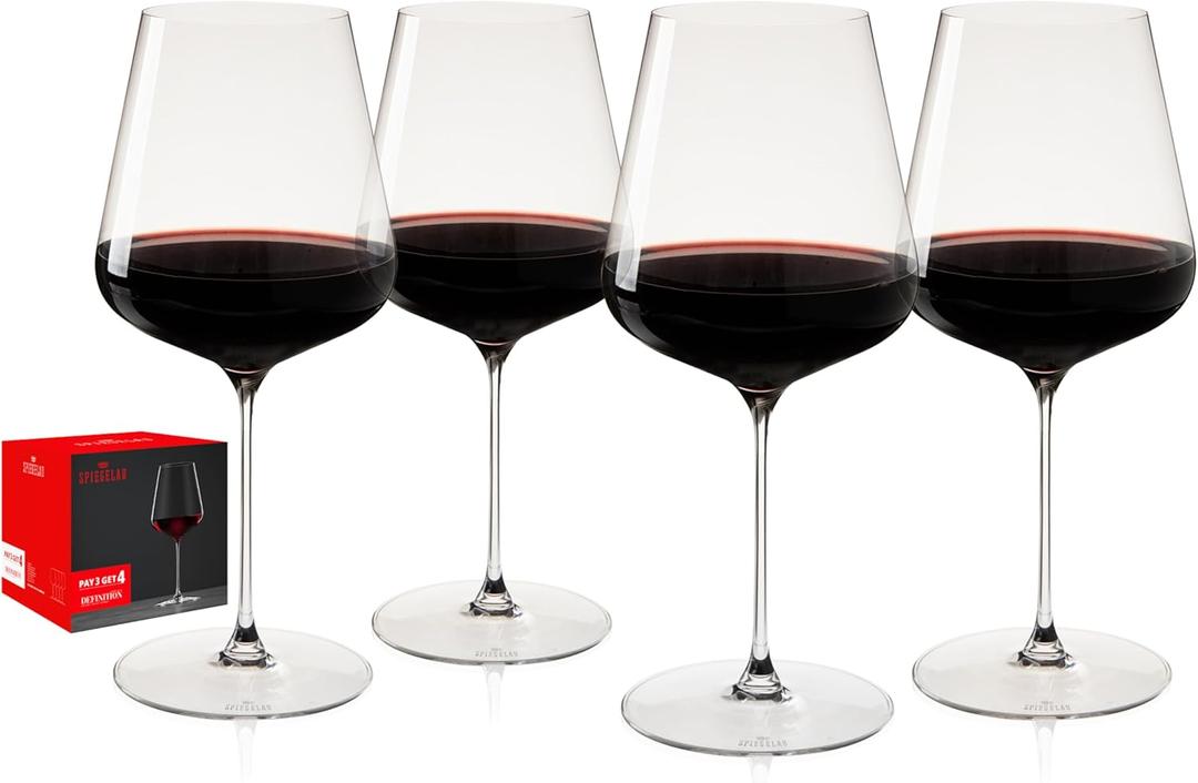 Spiegelau Definition Bordeaux Wine Glasses, Crystal Clear Drinking Glasses for Red Wine, Elegant Stemmed Glassware, Home Bar, Dinner Party, Wedding Gifts, Hosting Essentials, 26 oz, Set of 4