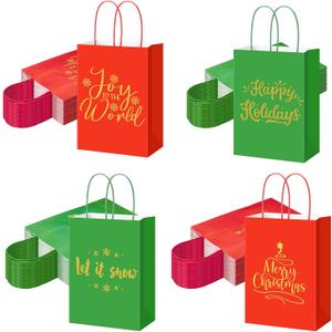 AmazingSpark 100 Pcs Small Christmas Kraft Gift Bags with Handles Xmas Paper Goody Bags Bulk 5.91x3.15x8.27inch Candy Treat Bag for Xmas New Year Holiday Party Decor, 4 Styles (Gold Christmas)