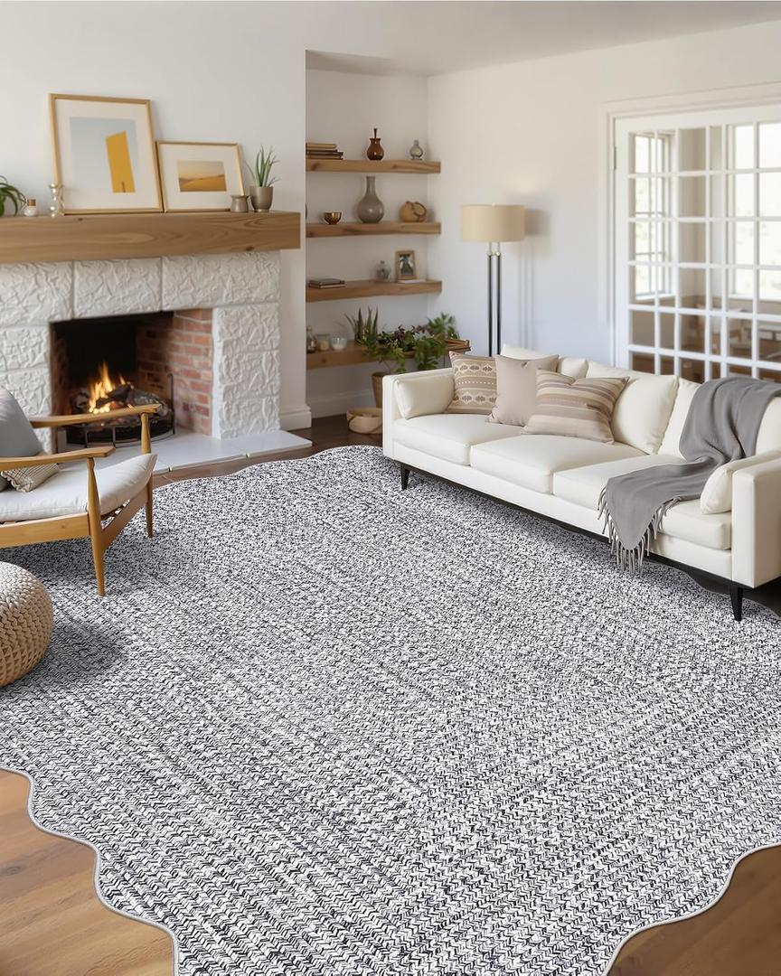 Imitation Braided Collection-Print Farmhouse Living Room Area Rug 8x10 Non-Slip Washable Rugs, Scalloped Large Carpet, Stain Resistant Ultra-Thin Foldable Floor Cover for Nursery Dining Room
