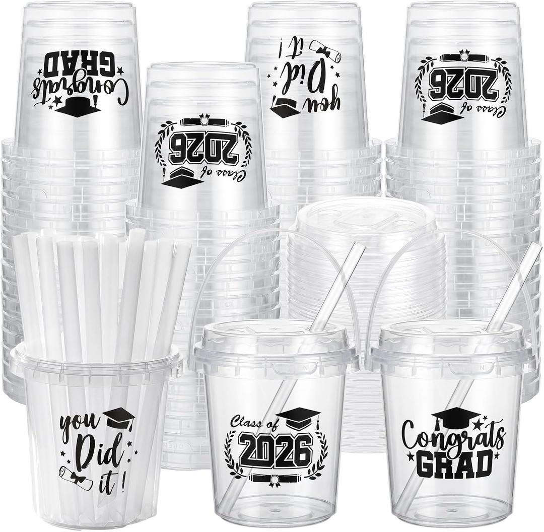 Ceenna 30 Sets 24oz Graduation Drink Buckets with Lids and Straws Class of 2026 Graduation Plastic Bucket Cups Congrats Grad Party Supplies for High School College Tailgate Party Summer Events (Black)