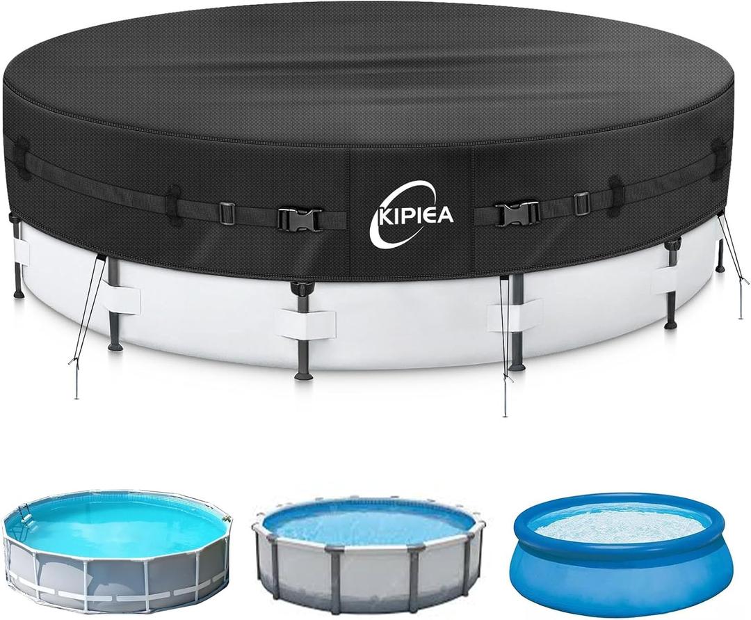 Kipiea Heavy Duty 500D 14ft Round Pool Cover for Above Ground Pools, Swimming Pool Cover with Full Circle Straps, Anti-Slip Straps and Tent Stakes, Featuring Windproof, Waterproof and Dustproof Design