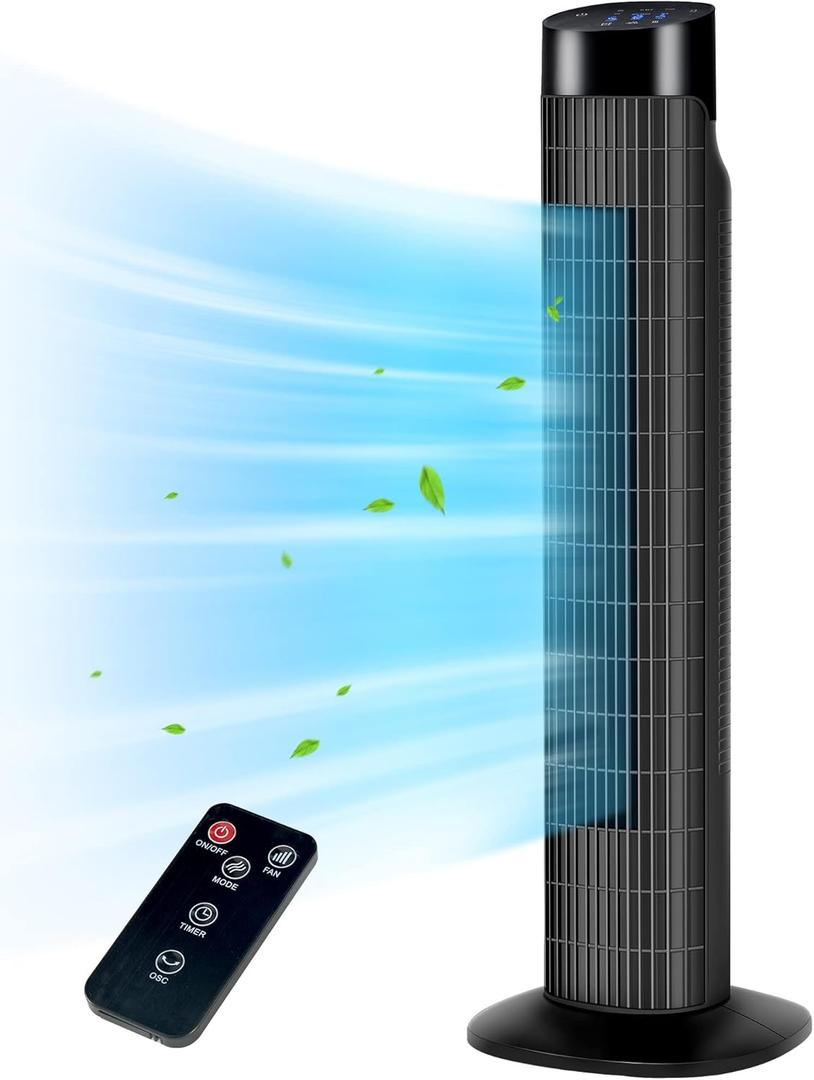 Uthfy 31 Inch Tower Fan for Bedroom, 120 Oscillating Quiet Standing Bladeless Fan With Remote, 7.5H Timer, 3 Speeds, 3 Modes, for Room, Dorm, Office, Black