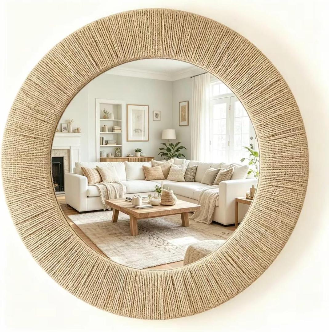 OYPEIP 24 Inch Round Natural Jute Woven Decorative Wall Mirror, Boho Wabi Sabi Textured Frame Mirror for Farmhouse Coastal Living Room Entryway Bathroom Home Decor