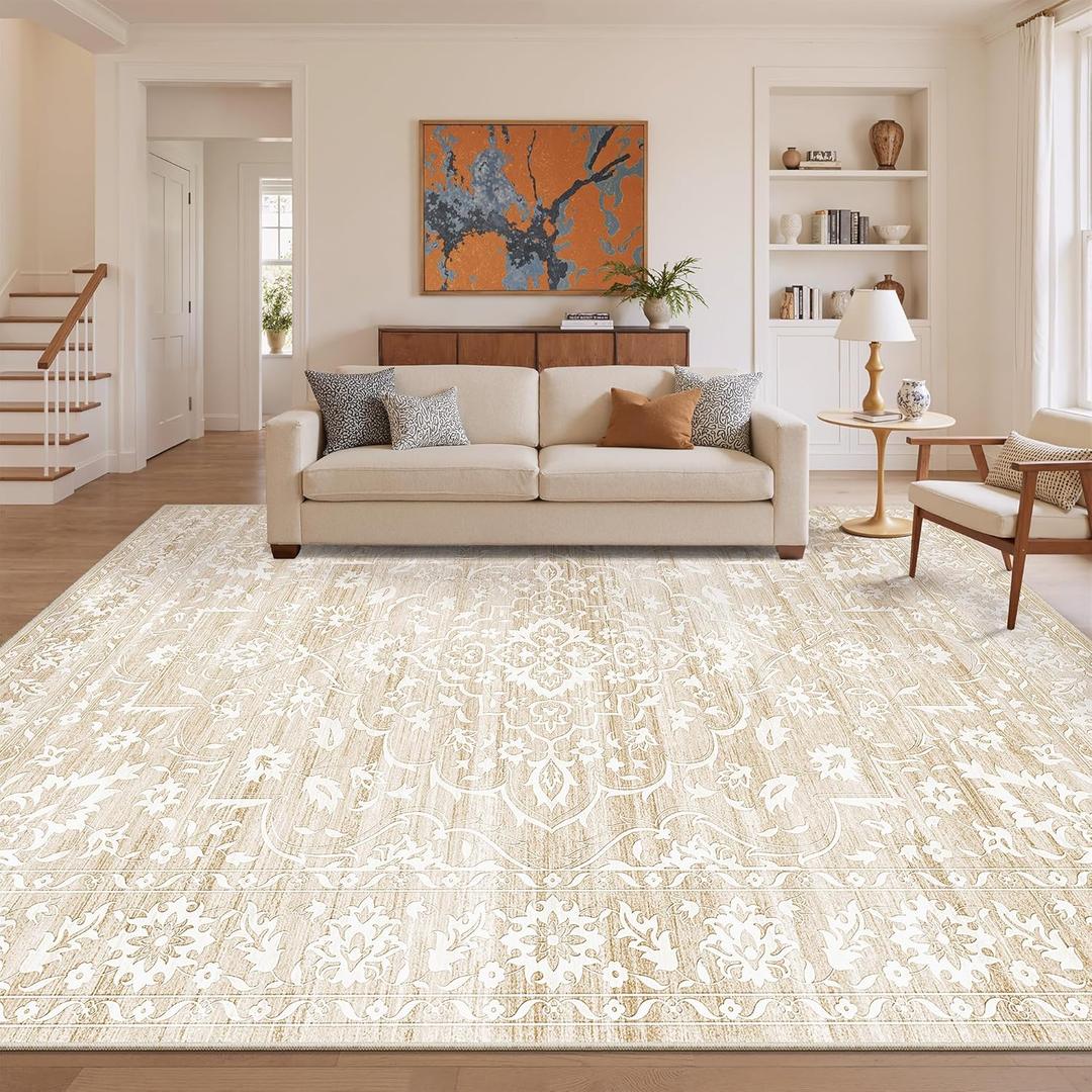 Soalmost 9x12 Washable Area Rugs for Living Room, Vintage Floral Non-Slip Low Pile Natural Rug Soft Throw Large Carpet for Dining Room Bedroom Farmhouse Home Office (Beige, 9'x12')