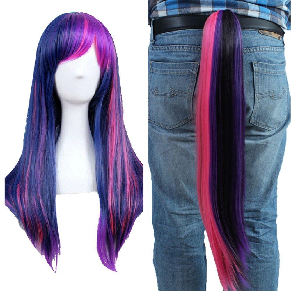 ANOGOL Free Cap + Purple Mix Pink Cosplay Wigs with Ponytail Rainbow Scene Wig with Tail Multi-Colored Synthetic Hair Anime Cosplay Wigs for Halloween Costume Christmas Party Outfit Mardi Gras Wig