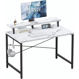 Pamray 32 Inch Small Computer Desk with Monitor Stand, Simple Office Desk with Headphone Hook for Small Spaces, Kids Study Writing Table for Bedroom, Marble