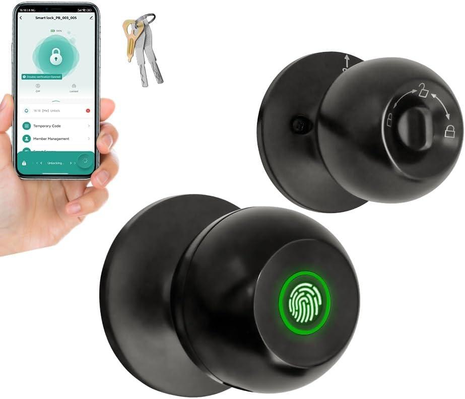Smart Fingerprint Door Lock for Bedroom, Keyless Entry Door Knob with Handle, Biometric Front Door Lock with App & Backup Keys for Home, Apartment, Office, Hotel (Black)