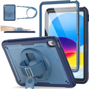 SEYMAC stock Case for iPad A16 11-inch Case 2025/ for iPad 11th/ 10th Generation 10.9'' 2022, Protective with Screen Protector, Pen Holder, Rotate Stand, Loop Nylon Hand Strap, Shoulder Strap, Blue