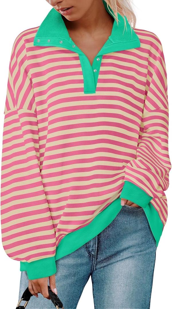 ZESICA Sweatshirts for Womens Long Sleeve Lapel V Neck Striped Oversized Tops (Small, Pink)