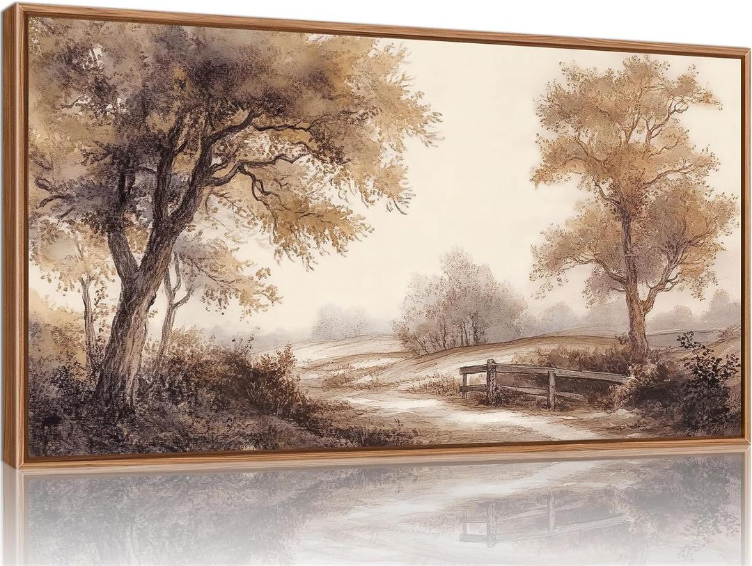 Rantodecor Vintage Landscape Framed Canvas Wall Art, Rustic Tree Sketch Wall Decor, Large Claming Nature Forest Art Paintings, Modern Relax Farmhouse Artwork for Bedroom Living Room 40"x20"