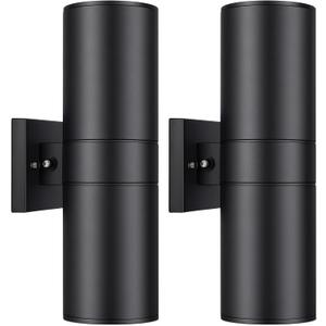 14 Modern Outdoor Wall Light with Dusk to Dawn Sensor, Exterior Light Fixture Wall Mount Waterproof Anti-Rust Cylinder, Up and Down 2 Lights Black Sconces for Porch House Outside Entryway, 2-Pack