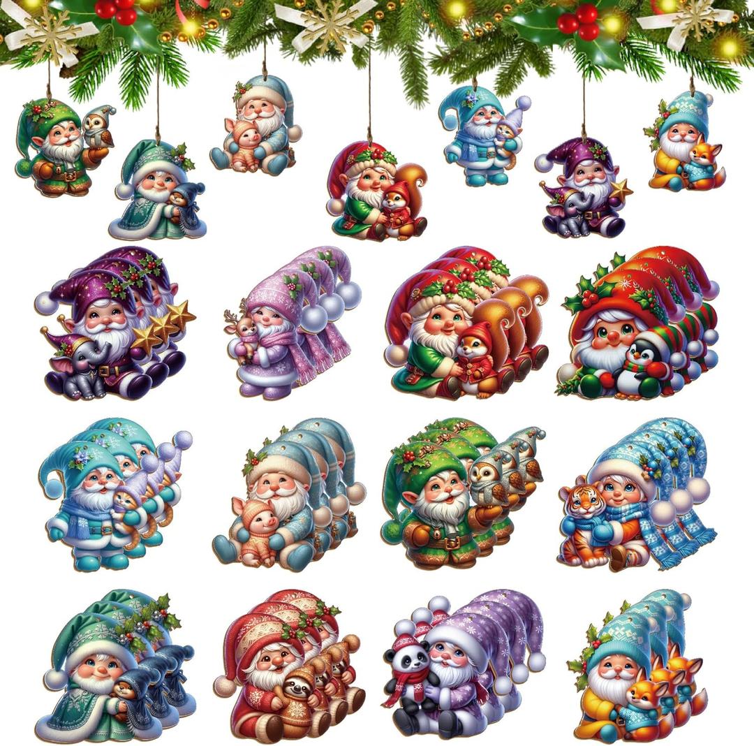 2 x Generic Christmas Wooden Gnome Animal Ornaments, Handcrafted Holiday Decorations, 3.15 Inch, 36 Pack, 12 Unique Designs with Hemp Rope for Tree, Home Decor