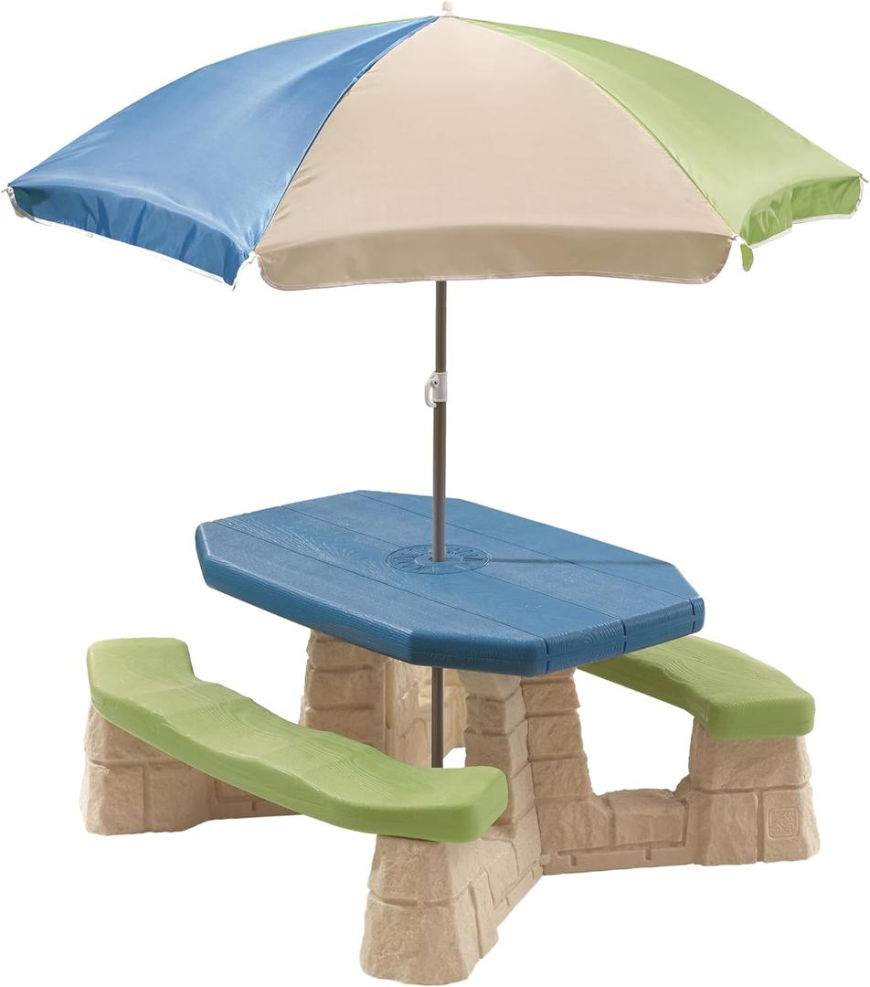Step2 Naturally Playful Kids Picnic Table with Removable Umbrella, Indoor/Outdoor Toys, Fits 6 Children, Made of Durable Plastic, For Toddlers 3+ Years Old, Blue & Green, 69.25" H X 43" W X 40.75" D